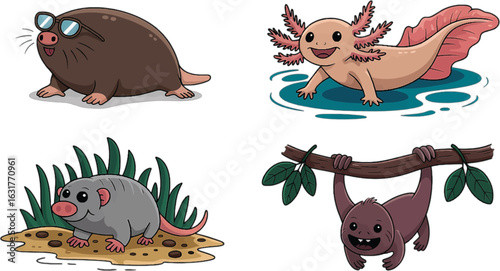 Adorable cartoon animals including moles axolotl possum and monkey