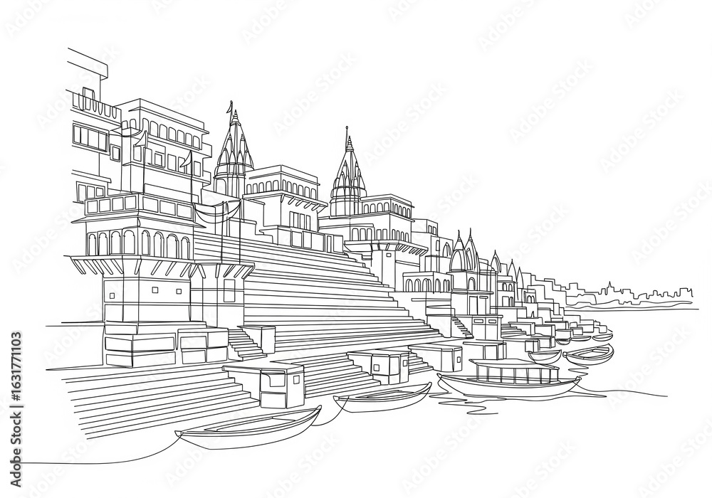 Obraz premium Varanasi Ghats (वाराणसी घाट) in India one line drawing style
