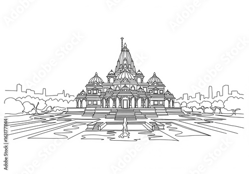 Swaminarayan Akshardham (स्वामिनारायण अक्षरधाम) in India one line drawing style