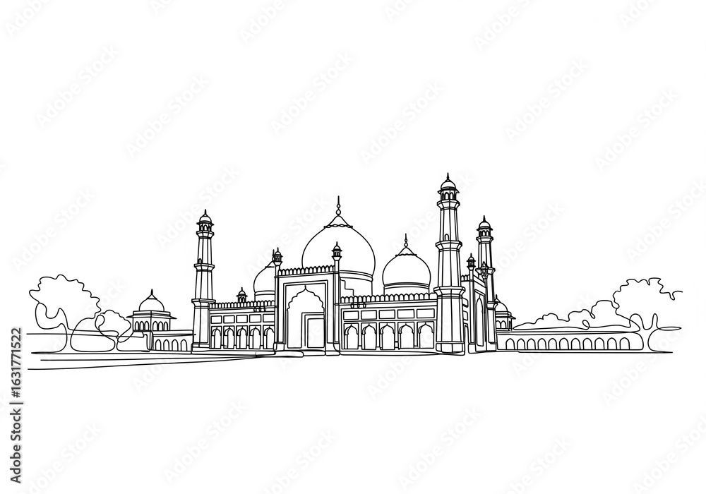 Fototapeta premium Jama Masjid (जामा मस्जिद) in India one line drawing style