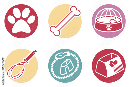 Collection of pet care and accessory icons isolated on white background