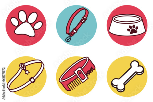 Set of pet accessories and grooming tools icons isolated on white background