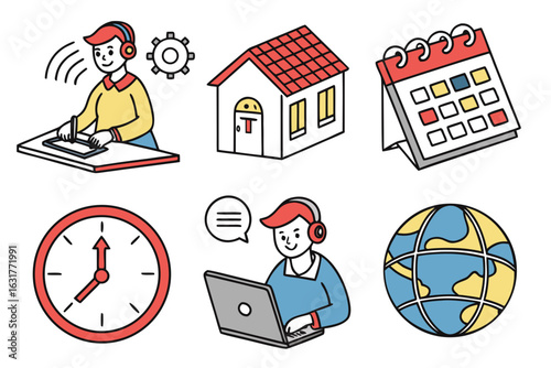 Icons depicting remote work, online communication, and time management