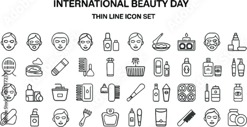International Beauty Day Thin Line Icon Set with Skincare and Makeup Items vector illustration