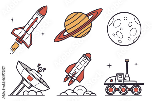 Space exploration icons featuring rockets, planets, astronaut, and rover