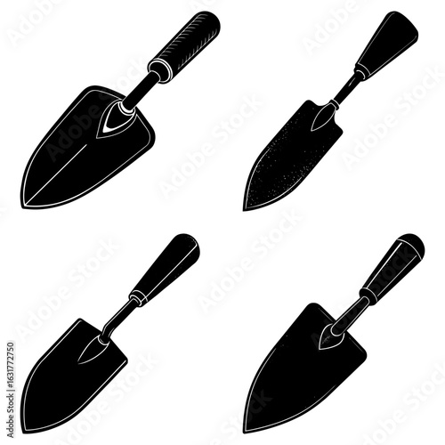 Four black and white garden trowels arranged in a square pattern on a plain white background view