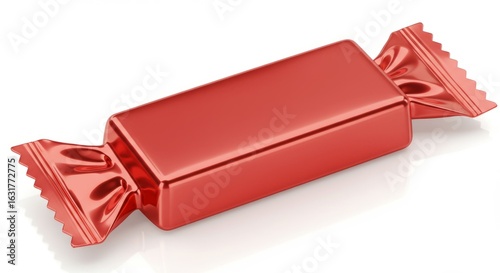  A 3D render of a shiny red candy bar wrapper