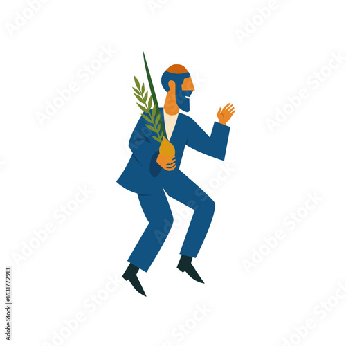 Jewish man dancing Hasidic dance holding four species of Jewish holiday Sukkot.. Man dressed in traditional Jewish clothes. celebration of Sukkot and Simchat Torah