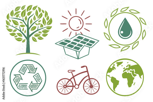 Set of ecofriendly icons including tree, solar panel, water drop, recycle symbol, bike and earth