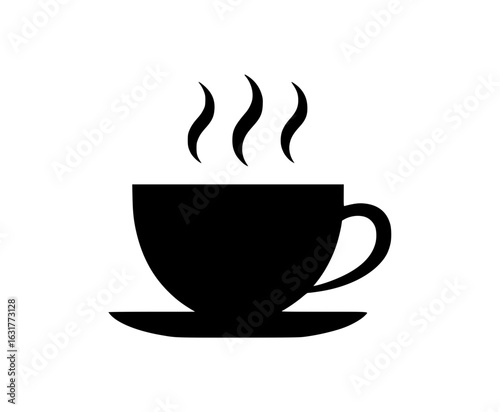 Hot steaming beverage icon featuring coffee cup silhouette with saucer and rising steam lines