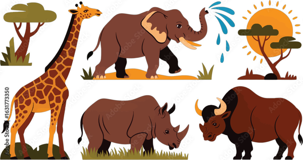 Obraz premium Wildlife Animals in Savannah Habitat with Giraffe Elephant Rhinoceros and Cape Buffalo