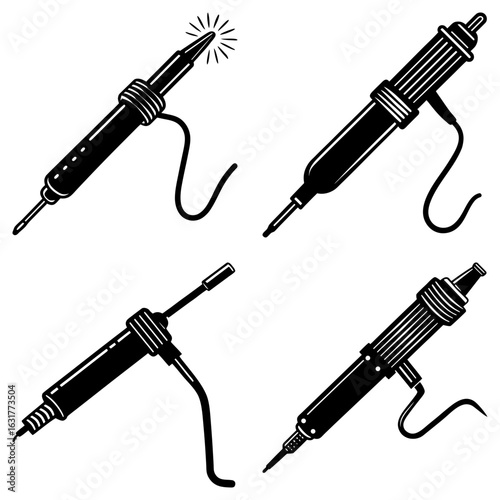 Four soldering irons in black and white showing different styles and heating elements with attached cords