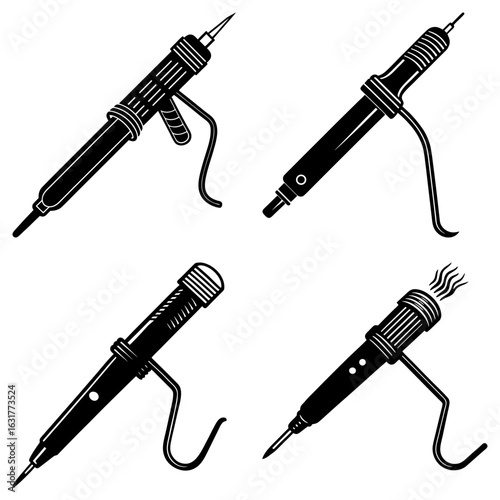 Illustration of four soldering irons in different styles and angles on a white background surface view
