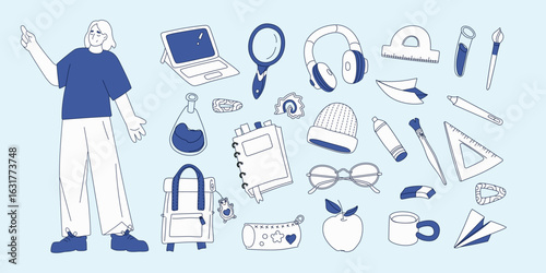 Back to school student and stationery hand drawn vector illustration set for education, online learning, reading book, school and courses. International education day, teachers day concept art.