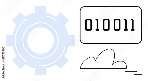 Wallpaper Mural Gear silhouette, binary code numbers in rectangle, and simple cloud outline. Ideal for technology, innovation, data processing, tech support, automation, cloud storage digital transformation Torontodigital.ca