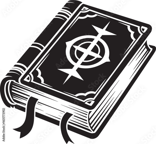 Ancient tome with arcane symbols and ribbon markers book magic