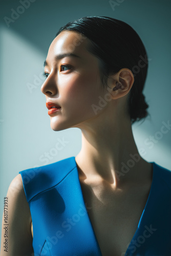 A young Asian woman gazes intently ahead, embodying beauty and medical aesthetics.