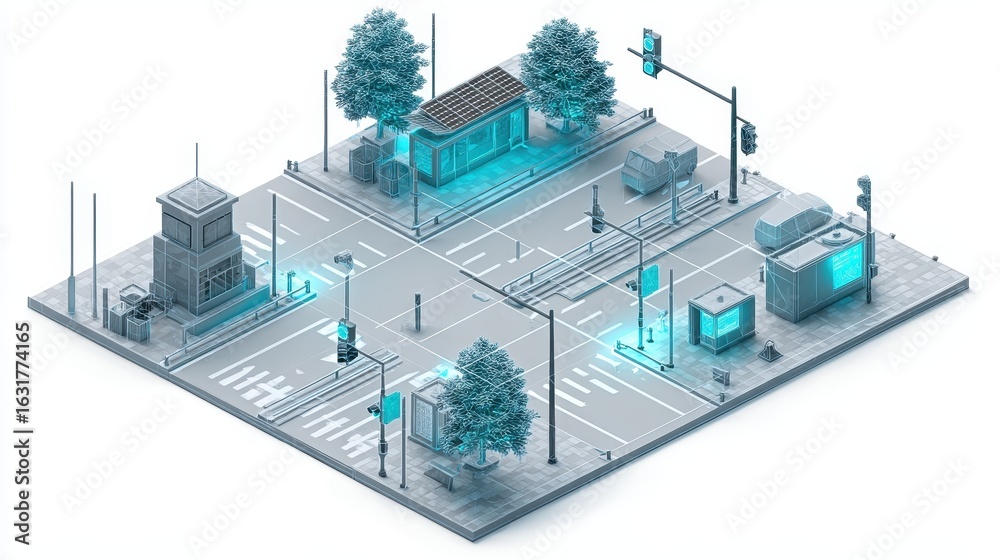 Obraz premium Photorealistic visualization of a blueprint-style 3D energy-efficient smart city traffic control system in the context of clean energy, featuring transparent traffic lights
