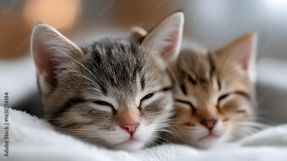 Obraz premium Two small striped domestic kittens sleeping, hugging on a white blanket