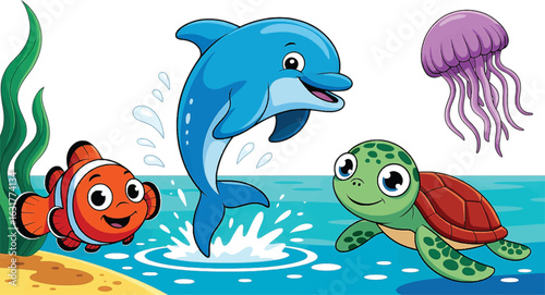 Cute cartoon dolphin turtle clownfish and jellyfish underwater scene vector illustration
