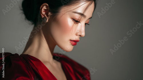 A young Asian woman gazes intently ahead, embodying beauty and medical aesthetics.