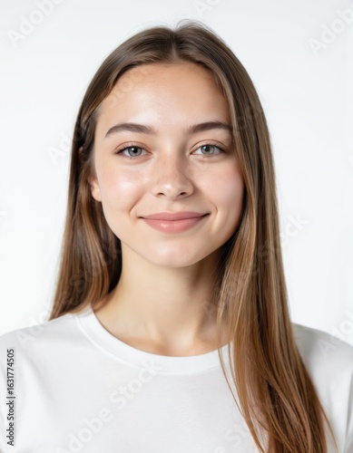 Young teenage girl ID photo, white background. Smiling female face, passport style. Used for work badges, student cards, resumes, interviews, applications, visas.