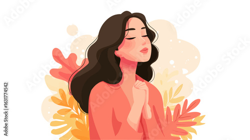 Mental health concept with pretty young woman. Young girl doing breathing exercise. care. Awareness, mindfulness and meditation. Flat vector illustration isolated on white background
