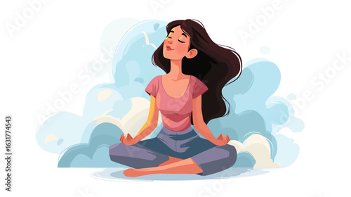 Mental health concept with pretty young woman. Young girl doing breathing exercise. care. Awareness, mindfulness and meditation. Flat vector illustration isolated on white background