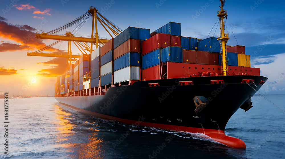 Fototapeta premium Shipping container vessel navigating ocean at sunset maritime scene seascape dynamic view transportation industry