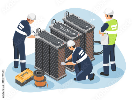 Team of technicians installing modern hydrogen fuel cell stacks for clean energy system in an industrial environment isometric