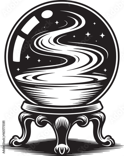 Crystal ball with swirling mist and stars on ornate stand vector
