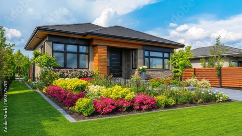 Brightly colored garden enhances modern house design with lush landscaping and clear blue sky in the background