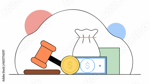 Gavel, gold coin, dollar bill, and money bag symbolize financial justice and legal economy
