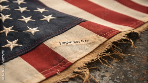 The american flag with the words 'fragile but free' in honor of 9/11 and patriot day.