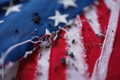 The tattered American flag serves as a solemn memorial for the victims of the 9/11 attacks.