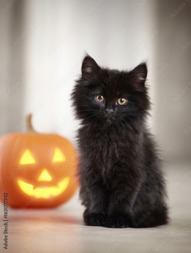 Fototapeta premium Adorable fluffy black kitten with glowing pumpkin for Halloween decoration