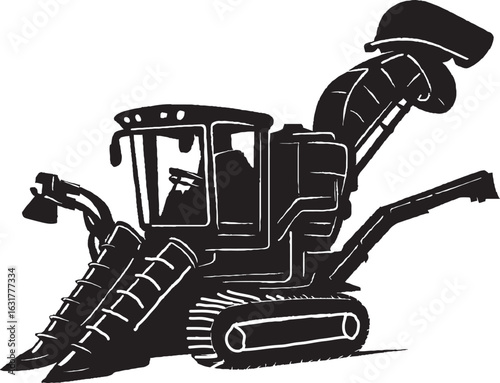 Black and White Silhouette of Sugarcane Harvester with Detailed Mechanical Parts on Isolated White Background