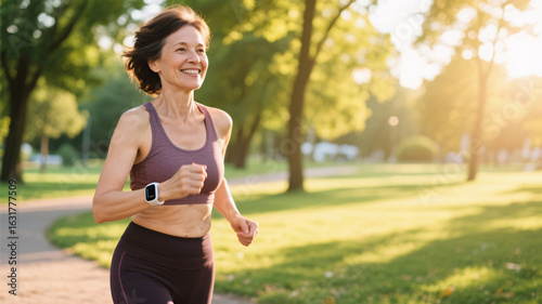 Mature woman enjoying a morning jog in nature, using smart fitness tracker to support emotional and physical health during perimenopause.
