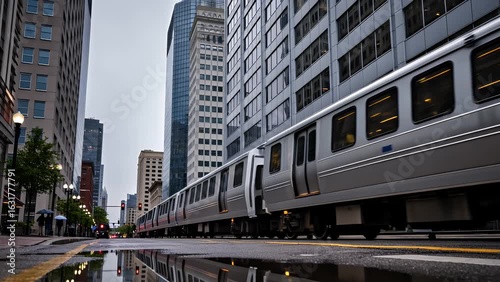 Wallpaper Mural Commuter train passing on rainy day with puddle reflection Torontodigital.ca