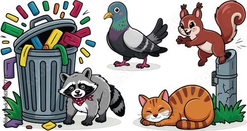 Cartoon Animals Around Trash Cans