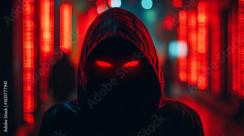 Cyberpunk hacker with glowing eyes in the dark city street neon lights digital art illustration