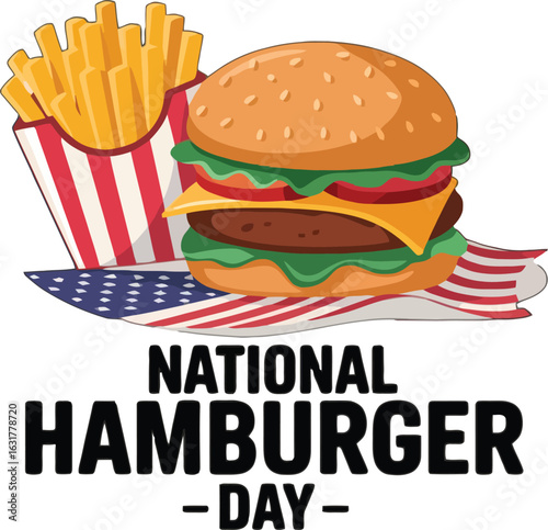 National Hamburger Day With Burger Fries And American Flag On White Background cheeseburger french fries
