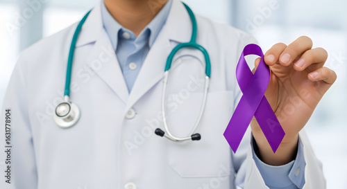 Doctor holding purple ribbon, symbol of awareness and support