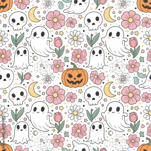A whimsical 'spooky cute' seamless pattern combines cartoon ghosts, skulls, and pumpkins with a variety of pastel flowers on a white background.