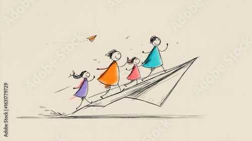 Children Riding Paper Airplane Imagination Drawing