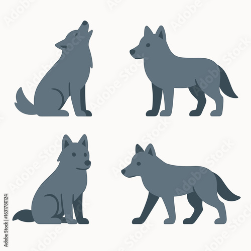 Simple Flat Style Four Grey Wolf Pose Wildlife Animal Illustration