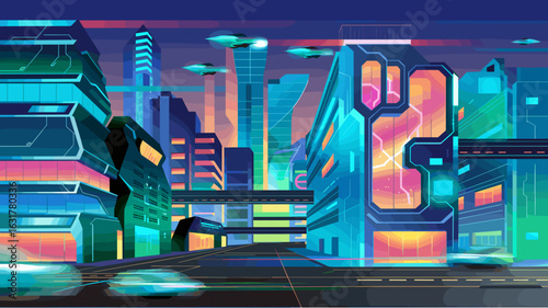 Futuristic cyberpunk Japanese city at night with neon-lit skyways – Perfect for digital art collections, tech-themed campaigns, or science fiction content.