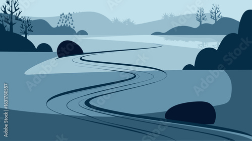 Flowing Zen path with rocks in peaceful landscape with water