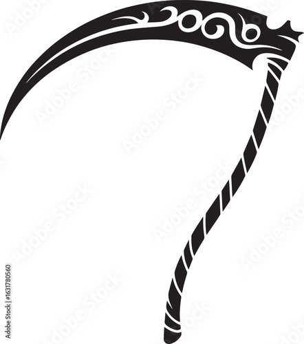 Ornate black scythe silhouette with tribal patterns weapon blade
