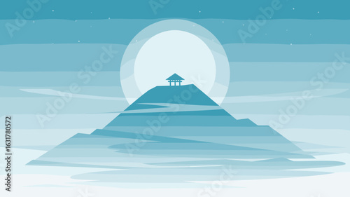 Mountain with moonlit wooden shrine – Great for spiritual content, mindfulness visuals, or travel and nature promotions